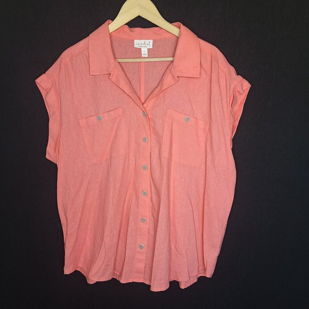 💙 Ingrid Isabel Linen Blend Button Up Blouse Size L/XL Casual Comfy Preppy Spri